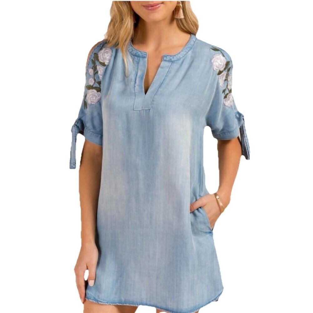 Blue Rain Chambray Mini Dress Embroidered Floral Boho Cottagecore Tencel S